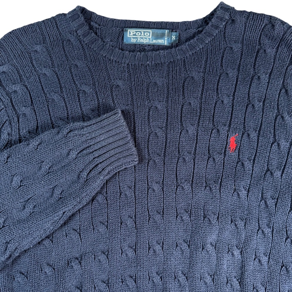 Polo Ralph Lauren Cable Knit Sweater Mens M Navy Blue Cotton Pony Logo Pullover